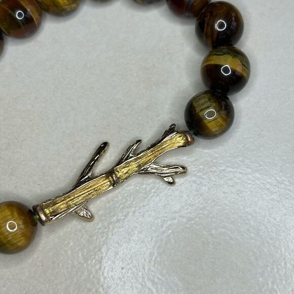 Tigers Eye Beaded Gold Tone Branch Stretch Bracelet 7in - Picture 6 of 7